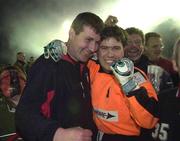 26 April 2001; Longford Town manager Stephen Kenny, celebrates with goalkeeper Stephen O'Brien after the FAI Harp Lager Cup Semi-Final Replay match between Longford Town and Waterford Town at Flancare Park in Longford. Photo by David Maher/Sportsfile