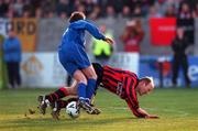 26 April 2001; Colin Nataro of Longford Town is tackled by Alan Reynolds of Waterford United during the FAI Harp Lager Cup Semi-Final Replay match between Longford Town and Waterford Town at Flancare Park in Longford. Photo by Damien Eagers/Sportsfile