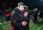 26 April 2001; Longford Town manager Stephen Kenny celebrates after the FAI Harp Lager Cup Semi-Final Replay match between Longford Town and Waterford Town at Flancare Park in Longford. Photo by Damien Eagers/Sportsfile