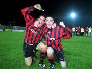 26 April 2001; Longford Town Players Stuart Holt, left and Shay Zellor celebrate after the FAI Harp Lager Cup Semi-Final Replay match between Longford Town and Waterford Town at Flancare Park in Longford. Photo by Damien Eagers/Sportsfile