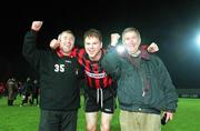 26 April 2001; Eric Smith of Longford Town, centre, celebrates after the FAI Harp Lager Cup Semi-Final Replay match between Longford Town and Waterford Town at Flancare Park in Longford. Photo by Damien Eagers/Sportsfile