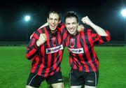 26 April 2001; Longford Town players Stuart Holt, left, and Stephen Kelly celebrate after the FAI Harp Lager Cup Semi-Final Replay match between Longford Town and Waterford Town at Flancare Park in Longford. Photo by Damien Eagers/Sportsfile