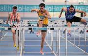 28 February 2016; Ben Reynolds, North Down A.C., centre, on their way to winning the Men's 60m Hurdles at the GloHealth National Senior Indoor Championships Senior Track & Field. AIT Arena, Athlone, Co. Westmeath. Picture credit: Sam Barnes / SPORTSFILE