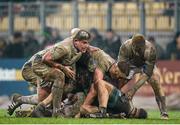 28 February 2016; A muddy Tadhg Furlong, Leinster, left, protects his team's ruck. Guinness PRO12, Round 16, Zebre v Leinster, Stadio Sergio Lanfranchi, Parma, Italy. Picture credit: Seb Daly / SPORTSFILE