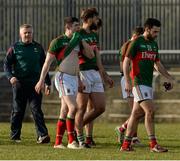 28 February 2016; Disappointed Mayo players and Manager Stephen Rochford, leave the field after defeat to Donegal. Allianz Football League, Division 1, Round 3, Donegal v Mayo, MacCumhaill Park, Ballybofey, Co. Donegal. Picture credit: Oliver McVeigh / SPORTSFILE