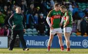 28 February 2016; A disappointed Andy Moran and Colm Boyle, Mayo, at the final whistle as manager Stephen Rochford comes on to the field. Allianz Football League, Division 1, Round 3, Donegal v Mayo, MacCumhaill Park, Ballybofey, Co. Donegal. Picture credit: Oliver McVeigh / SPORTSFILE