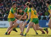 28 February 2016; Colm Boyle, Mayo, in action against Patrick McBrearty and Odhrán Mac Niallais, Donegal. Allianz Football League, Division 1, Round 3, Donegal v Mayo, MacCumhaill Park, Ballybofey, Co. Donegal. Picture credit: Oliver McVeigh / SPORTSFILE