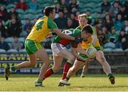 28 February 2016; Conor Loftus, Mayo, in action against Rory Kavanagh and Anthony Thompson, Donegal. Allianz Football League, Division 1, Round 3, Donegal v Mayo, MacCumhaill Park, Ballybofey, Co. Donegal. Picture credit: Oliver McVeigh / SPORTSFILE