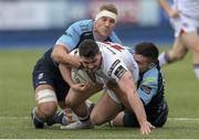 28 February 2016; Sam Arnold, Ulster, is tackled by Jarrad Hoeata and Ellis Jenkins, Cardiff Blues. Guinness PRO12 Round 16, Cardiff Blues v Ulster, BT Sport Cardiff Arms Park, Cardiff, Wales. Picture credit: Chris Fairweather / SPORTSFILE
