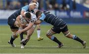 28 February 2016; Sam Arnold, Ulster, is tackled by Jarrad Hoeata and Ellis Jenkins, Cardiff Blues. Guinness PRO12 Round 16, Cardiff Blues v Ulster, BT Sport Cardiff Arms Park, Cardiff, Wales. Picture credit: Chris Fairweather / SPORTSFILE
