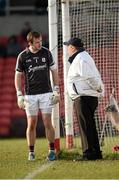 28 February 2016; The Galway goalkeeper Manus Breathnach having a word with the umpire about Derry's second goal. Allianz Football League, Division 2, Round 3, Derry v Galway. Celtic Park, Derry. Picture credit: Philip Fitzpatrick / SPORTSFILE