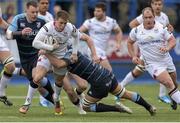 28 February 2016; Craig Gilroy, Ulster, is tackled by Ellis Jenkins, Cardiff Blues. Guinness PRO12 Round 16, Cardiff Blues v Ulster, BT Sport Cardiff Arms Park, Cardiff, Wales. Picture credit: Chris Fairweather / SPORTSFILE