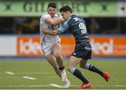 28 February 2016;  Robbie Diack, Ulster, is tackled by  Ellis Jenkins, Cardiff Blues. Guinness PRO12 Round 16, Cardiff Blues v Ulster, BT Sport Cardiff Arms Park, Cardiff, Wales. Picture credit: Gareth Everett / SPORTSFILE