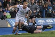 28 February 2016;Rory Scholes, Ulster, is tackled by  Rhys Patchel, Cardiff. Guinness PRO12 Round 16, Cardiff Blues v Ulster, BT Sport Cardiff Arms Park, Cardiff, Wales. Picture credit: Gareth Everett / SPORTSFILE
