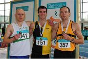 28 February 2016; Winner of the Men's 3000m event, Eoin Everard, centre, Kilkenny City Harriers AC , with second placed William Maunsell, left, Clonmel AC, Co.Tipperary, and right, third placed Colm Sheahan, Leevale AC, Co. Cork. The GloHealth National Senior Indoor Championships Senior Track & Field. AIT Arena, Athlone, Co. Westmeath.  Picture credit: Tomas Greally / SPORTSFILE