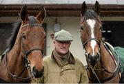 29 February 2016; Trainer Willie Mullins with Valseur Lido, left, and Vautour at his stables ahead of the Cheltenham Festival. Willie Mullins Stable Visit ahead of Cheltenham 2016. Closutton, Bagenalstown, Co. Carlow. Picture credit: Brendan Moran / SPORTSFILE