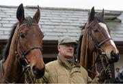 29 February 2016; Trainer Willie Mullins with Valseur Lido, left, and Vautour, at his stables ahead of the Cheltenham Festival. Willie Mullins Stable Visit ahead of Cheltenham 2016. Closutton, Bagenalstown, Co. Carlow. Picture credit: Seb Daly / SPORTSFILE