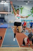 28 February 2016; Adam McMullen, Crusaders AC, Dublin, on his way to winning the Men's Long Jump event. The GloHealth National Senior Indoor Championships Senior Track & Field. AIT Arena, Athlone, Co. Westmeath. Picture credit: Tomás Greally / SPORTSFILE