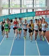 28 February 2016; Eoin Everard,151, Kilkenny City Harriers AC, leads the field out on his way to winning the Men's 1500m event. The GloHealth National Senior Indoor Championships Senior Track & Field. AIT Arena, Athlone, Co. Westmeath.