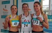 28 February 2016; Winner of the Women's 1500m event, Claire Terplee, centre, St. Coca's AC, Co. Kildare, with second placed Kerry O'Flaherty, left, Newcastle &  District AC and right, third placed Amy O'Donoghue, Emerald AC, Co. Limerick. The GloHealth National Senior Indoor Championships Senior Track & Field. AIT Arena, Athlone, Co. Westmeath.Picture credit: Tomás Greally / SPORTSFILE