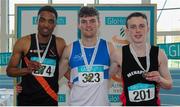 28 February 2016; Winner of the Men's 200m event, Marcus Lawler, St Laurence O'Toole A.C, with second placed Christopher Sibanda, left, Clonliffe Harriers AC, Dublin and right, third placed David McDonald, Menapians AC, Co. Wexford. The GloHealth National Senior Indoor Championships Senior Track & Field. AIT Arena, Athlone, Co. Westmeath.Picture credit: Tomás Greally / SPORTSFILE