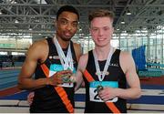 28 February 2016; Clonliffe Harriers AC team mates, left, Christopher Sibanda, won Silver in the Men's 200m and Bronze in the Men's 60m events and right, Keith Pike, won Silver in the Men's 60m event. The GloHealth National Senior Indoor Championships Senior Track & Field. AIT Arena, Athlone, Co. Westmeath.Picture credit: Tomás Greally / SPORTSFILE