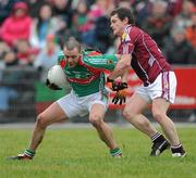 7 February 2010; Trevor Mortimer, Mayo, in action against Declan Meehan, Galway. Allianz GAA Football National League, Division 1, Round 1, Mayo v Galway. McHale Park, Castlebar, Co. Mayo. Picture credit: Ray Ryan / SPORTSFILE