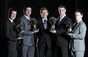 9 February 2010; At the AIB Provincial Player Awards 2009 are, from left, Ulster Football winner Conor McGourty, from St Gall's, Belfast, Co. Antrim, Connacht football winner Kieran Comer, Corofin, Co. Galway, Billy Finn, General Manager, AIB, Munster football winner Darren Hickey, Kilmurry Ibrickane, Co. Clare, and Leinster football winner Paul Cahillane, Portlaoise, Co. Laois. RDS, Ballsbridge, Dublin. Picture credit: Brendan Moran / SPORTSFILE