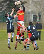 9 February 2010; Simon Handbidge, CBC Cork, wins possession ahead of James Rael, left, and David O'Brien, Castletroy. Avonmore Milk Munster Schools Senior Cup, Quarter-Final, Castletroy College v CBC Cork, Tom Clifford Park, Limerick. Picture credit: Diarmuid Greene / SPORTSFILE