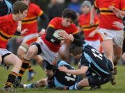 9 February 2010; Conor Barry, CBC Cork, is tackled by Stephen O'Carroll, left, and Peter Murray, Castletroy. Avonmore Milk Munster Schools Senior Cup, Quarter-Final, Castletroy College v CBC Cork, Tom Clifford Park, Limerick. Picture credit: Diarmuid Greene / SPORTSFILE