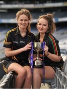 1 March 2016; The Lidl All Ireland Post Primary School’s Finals were launched today at Croke Park. The finals will be contested at Senior and Junior level with 3 finals at each grade. Scoil Mhuire, Carrick on Suir, Tipperary, will meet the 2014 Champions, Coláiste Íosagáin in the Lidl PPS Senior A All Ireland Final. John the Baptist from Limerick will meet Holy Rosary College from Mountbellew in Galway in the Senior B Final with Gallen C.S Ferbane taking on Scoil Phobail Sliabh Luachra from Kerry in the Senior C final. The Lidl PPS All Ireland Junior A Final will see Scoil Críost Rí from Portlaoise meeting St. Ronan’s College from Armagh. Killorglin from Kerry will meet the Presentation College from Tuam in the Lidl Junior B PPS All Ireland Final and Scoil Phobal Sliabh Luachra, Kerry, will meet Mercy S.S from Ballymahon in Longford in the Junior C decider. Full details for the finals including venues and throw in times are available from www.ladiesgaelic.ie. Pictured are Claire Dunleavey, Holy Rosary College Mountbellew, Co. Galway, and Eimear Daly, John the Baptist, Co. Limerick. Croke Park, Dublin. Picture credit: Sam Barnes / SPORTSFILE