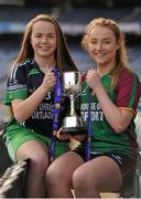 1 March 2016; The Lidl All Ireland Post Primary School’s Finals were launched today at Croke Park. The finals will be contested at Senior and Junior level with 3 finals at each grade. Scoil Mhuire, Carrick on Suir, Tipperary, will meet the 2014 Champions, Coláiste Íosagáin in the Lidl PPS Senior A All Ireland Final. John the Baptist from Limerick will meet Holy Rosary College from Mountbellew in Galway in the Senior B Final with Gallen C.S Ferbane taking on Scoil Phobail Sliabh Luachra from Kerry in the Senior C final. The Lidl PPS All Ireland Junior A Final will see Scoil Críost Rí from Portlaoise meeting St. Ronan’s College from Armagh. Killorglin from Kerry will meet the Presentation College from Tuam in the Lidl Junior B PPS All Ireland Final and Scoil Phobal Sliabh Luachra, Kerry, will meet Mercy S.S from Ballymahon in Longford in the Junior C decider. Full details for the finals including venues and throw in times are available from www.ladiesgaelic.ie. Pictured are Meave Phelan, Scoil Chríost Rí, Portlaoise, Co. Laois, and Megan McCann, St Ronan's College Lurgan, Co. Armagh. Croke Park, Dublin. Picture credit: Sam Barnes / SPORTSFILE