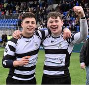 1 March 2016; Daniel Keane, left, and Alan Tynan, Cistercian College Roscrea, celebrate at the end of the game. Bank of Ireland Leinster Schools Senior Cup, Semi-Final, Clongowes Wood College v Cistercian College Roscrea, Donnybrook Stadium, Donnybrook, Dublin. Picture credit: David Maher / SPORTSFILE