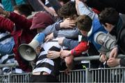 1 March 2016; Sam Hastings, Cistercian College Roscrea, celebrates with supporters at the end of the game. Bank of Ireland Leinster Schools Senior Cup, Semi-Final, Clongowes Wood College v Cistercian College Roscrea, Donnybrook Stadium, Donnybrook, Dublin. Picture credit: David Maher / SPORTSFILE