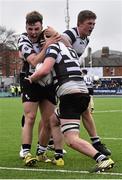 1 March 2016; Brian Duffley, centre, Cistercian College Roscrea, celebrates after scoring his side's third and winning try with team-mate Keith Kavanagh, left. Bank of Ireland Leinster Schools Senior Cup, Semi-Final, Clongowes Wood College v Cistercian College Roscrea, Donnybrook Stadium, Donnybrook, Dublin. Picture credit: David Maher / SPORTSFILE