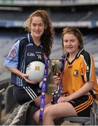1 March 2016; The Lidl All Ireland Post Primary School’s Finals were launched today at Croke Park. The finals will be contested at Senior and Junior level with 3 finals at each grade. Scoil Mhuire, Carrick on Suir, Tipperary, will meet the 2014 Champions, Coláiste Íosagáin in the Lidl PPS Senior A All Ireland Final. John the Baptist from Limerick will meet Holy Rosary College from Mountbellew in Galway in the Senior B Final with Gallen C.S Ferbane taking on Scoil Phobail Sliabh Luachra from Kerry in the Senior C final. The Lidl PPS All Ireland Junior A Final will see Scoil Críost Rí from Portlaoise meeting St. Ronan’s College from Armagh. Killorglin from Kerry will meet the Presentation College from Tuam in the Lidl Junior B PPS All Ireland Final and Scoil Phobal Sliabh Luachra, Kerry, will meet Mercy S.S from Ballymahon in Longford in the Junior C decider. Full details for the finals including venues and throw in times are available from www.ladiesgaelic.ie. Pictured are Aoife Murray, Scoil Mhuire, Carrick on Suir, Co. Tipperary, and Muireann Ní Ghormáin, Coláiste losagain, Stillorgan, Co. Dublin. Croke Park, Dublin. Picture credit: Sam Barnes / SPORTSFILE
