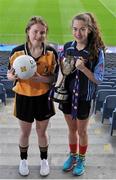 1 March 2016; The Lidl All Ireland Post Primary School’s Finals were launched today at Croke Park. The finals will be contested at Senior and Junior level with 3 finals at each grade. Scoil Mhuire, Carrick on Suir, Tipperary, will meet the 2014 Champions, Coláiste Íosagáin in the Lidl PPS Senior A All Ireland Final. John the Baptist from Limerick will meet Holy Rosary College from Mountbellew in Galway in the Senior B Final with Gallen C.S Ferbane taking on Scoil Phobail Sliabh Luachra from Kerry in the Senior C final. The Lidl PPS All Ireland Junior A Final will see Scoil Críost Rí from Portlaoise meeting St. Ronan’s College from Armagh. Killorglin from Kerry will meet the Presentation College from Tuam in the Lidl Junior B PPS All Ireland Final and Scoil Phobal Sliabh Luachra, Kerry, will meet Mercy S.S from Ballymahon in Longford in the Junior C decider. Full details for the finals including venues and throw in times are available from www.ladiesgaelic.ie. Pictured are Aoife Murray, Scoil Mhuire, Carrick on Suir, Co. Tipperary, and Muireann Ní Ghormáin, Coláiste losagain, Stillorgan, Co. Dublin. Croke Park, Dublin. Picture credit: Sam Barnes / SPORTSFILE