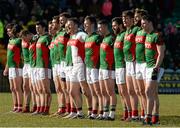 28 February 2016; The Mayo team stand for the National Anthem. Allianz Football League, Division 1, Round 3, Donegal v Mayo, MacCumhaill Park, Ballybofey, Co. Donegal. Picture credit: Oliver McVeigh / SPORTSFILE