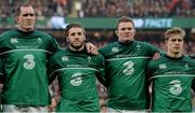 27 February 2016; Ireland players, from left Devin Toner, Stuart McCloskey, Donnacha Ryan and Andrew Trimble stand for the national anthem ahead of the game. RBS Six Nations Rugby Championship, England v Ireland. Twickenham Stadium, Twickenham, London, England. Picture credit: Brendan Moran / SPORTSFILE