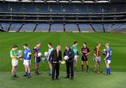 11 February 2010; Pictured in advance of the AIB GAA Junior and Intermediate Club Championship Finals on Saturday 13th and Sunday 14th February in Croke Park are Uachtarán CLG Criostóir Ó Cuana, centre, and Billy Finn, AIB General Manager, with players, from left to right, Adrian Finn, Castlegregory, Kerry, Damien Gallagher, Kiltimagh, Mayo, Niall O’Mahony, Spa, Kerry, Barry Hughes, Cookstown Fr. Rocks, Tyrone, Brendan Hennessy, Blackrock, Limerick, Ryan O’Neill, Naomh Colum Cille, Tyrone, Eoin Guinan, St. Lachtain’s, Kilkenny, and Johnny Flynn, St. Galls, Antrim. Croke Park, Dublin. Picture credit: Pat Murphy / SPORTSFILE