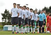 3 March 2016; Lukas Browning,4, with his Republic of Ireland team-mates during the National Anthem. U17 International Friendly, Republic of Ireland v Switzerland. RSC, Waterford. Picture credit: Matt Browne / SPORTSFILE