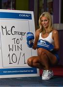 4 March 2016; Bookmaker Coral.ie has today launched an unmissable offer on Conor McGregor ahead of his much anticipated return to the UFC Octagon this Saturday night with the help of former Miss World Rosanna Davison. UFC’s biggest star has been chalked up as the odds-on favourite at 4/9 to beat Nate Diaz, but Coral.ie is offering a huge price of 10/1 to new customers to celebrate the recent launch of Coral.ie in Ireland. Rosanna Davison lands a Punch ahead of McGregor Fight with Coral. BodyByrne Gym, Dublin. Picture credit: Ramsey Cardy / SPORTSFILE