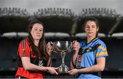 4 March 2016; In attendance at the Ladies Football HEC O’Connor Cup Colleges Finals Captain's Day are, from left, Aine O'SullEvan, UCC, and Ciara McDermott, UCD, with the O'Connor Cup. Croke Park, Dublin. Picture credit: Brendan Moran / SPORTSFILE