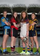 4 March 2016; In attendance at the Ladies Football HEC O’Connor Cup Colleges Finals Captain's Day are, from left, Ciara McDermott, UCD, Aine O'SullEvan, UCC, Kate Keaney, UL, and Siobhan Woods, DCU, with the O'Connor Cup. Croke Park, Dublin. Picture credit: Brendan Moran / SPORTSFILE