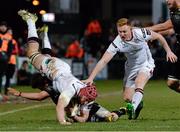 4 March 2016; Peter Browne, Ulster, is tackled by Kayle Van Zyl, Zebre. Guinness PRO12 Round 17, Ulster v Zebre, Kingspan Stadium, Ravenhill Park, Belfast. Picture credit: Oliver McVeigh / SPORTSFILE