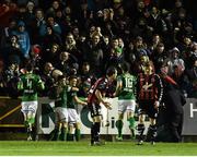 4 March 2016; Cork City's Sean Maguire, hidden, celebrates after scoring his side's first goal with team-mates Ian Turner and Gavan Holohan. SSE Airtricity League Premier Division, Cork City v Bohemians, Turners Cross, Cork. Picture credit: David Maher / SPORTSFILE