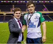 4 March 2016 ; Connacht's AJ MacGinty is presented with the Man of Match award from Jamie Carragher, Guinness. Guinness PRO12, Round 17, Edinburgh v Connacht, BT Murrayfield Stadium, Edinburgh, Scotland. Picture credit: Ross Parker / SPORTSFILE