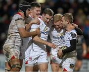 4 March 2016; Paul Marshll, Ulster, right, celebrates with Chris Henry, Jacob Stockdale, Darren Cave and Stuart Olding, after scoring his and his sides bonus point try. Ulster v Zebre - Guinness PRO12 Round 17. Kingspan Stadium, Ravenhill Park, Belfast.  Picture credit: Oliver McVeigh / SPORTSFILE