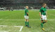 13 February 2010; Dejected Ireland players Keith Earls and Jamie Heaslip, right, leave the pitch after defeat to France. RBS Six Nations Rugby Championship, France v Ireland, Stade de France, Saint Denis, Paris, France. Picture credit: Brendan Moran / SPORTSFILE