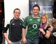 13 February 2010; Paul Roche, left, Barry Roe and Catherine Golden, from Ballsbridge, Dublin, in the Odeon Bar, Dublin, at an exclusive RBS 6 Nations screening of Ireland’s match against the French. Championship sponsor Ulster Bank teamed up with Newstalk 106-108 FM to bring a unique match experience to those who could not travel to the France match. Lucky guests who gained a ticket for the event experienced a live screening of the game at the Odeon which included live links to the Newstalk studio and Stade de France. Newstalk presenters were joined by a host of special guests and pundits on the day. The Odeon Bar & Grill, Harcourt Street, Dublin. Picture credit: Stephen McCarthy / SPORTSFILE